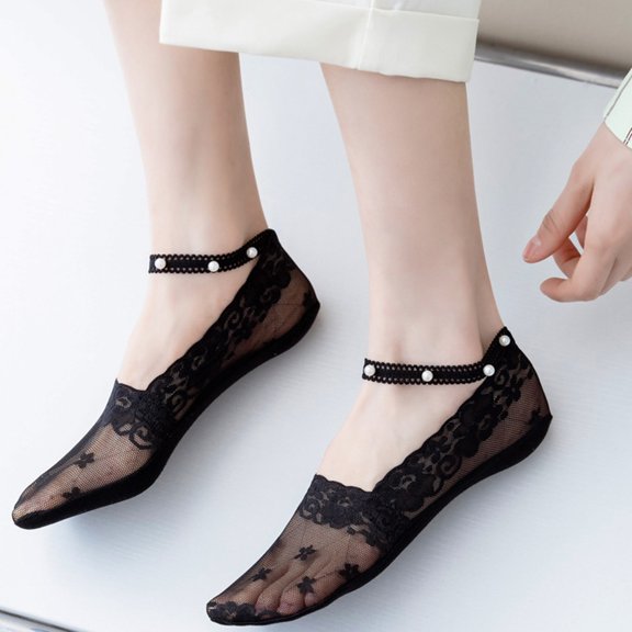 siminsem Women No Show Ballerina Socks Non Slip Lace Boat Socks - Breathable Invisible Low Cut Liner Socks with Silicone Grip for Flats Loafers Pumps Sneakers One Size Gift, Black,One Size