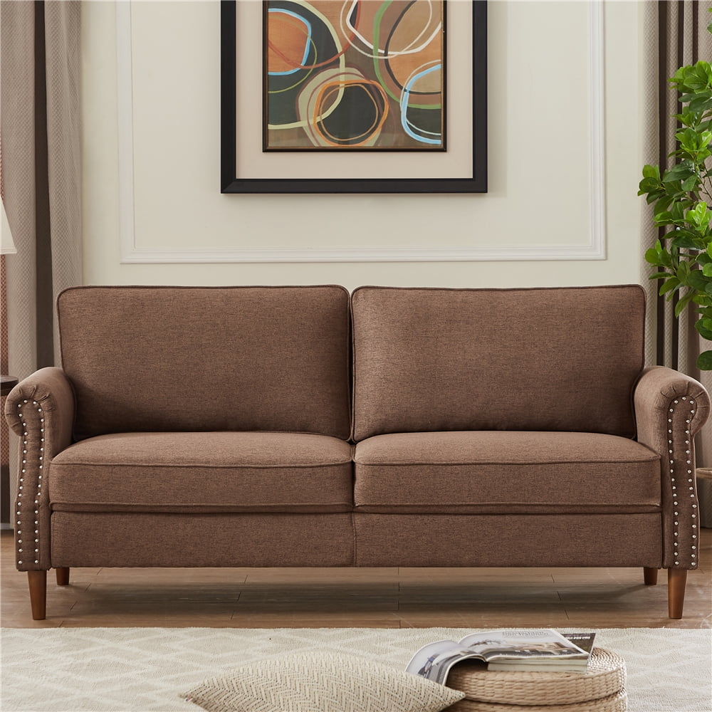 76.4"L Brown Sofa, Modern Linen Fabric Sofas for Small Spaces