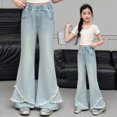 thumbnail image 5 of CAUYDY Tween Flared Jeans for Girls Cute Print Elastic Waist Bell Bottom Trousers Lightweight Baggy Wide Leg Denim Pants with Pockets Sizes 13-14 Years, 5 of 9