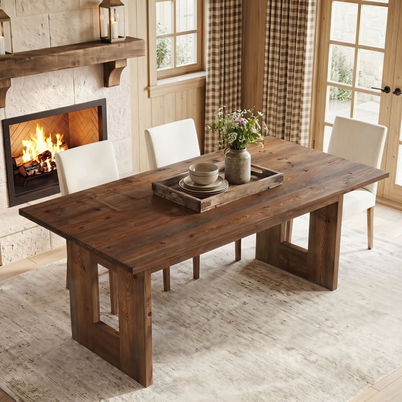 63-Inch Solid Wood Dining Table – Rustic Rectangular Kitchen & Dining Table with Thick Top and Sturdy Legs for 4–6 People, Rustic Brown