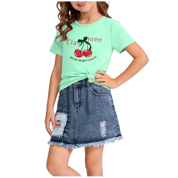 Amidoa Girls Summer 2 Piece Outfits Cute Floral Short Sleeve and Elastic Waist Denim Skirt Kids Clothing Set Green Size 4T