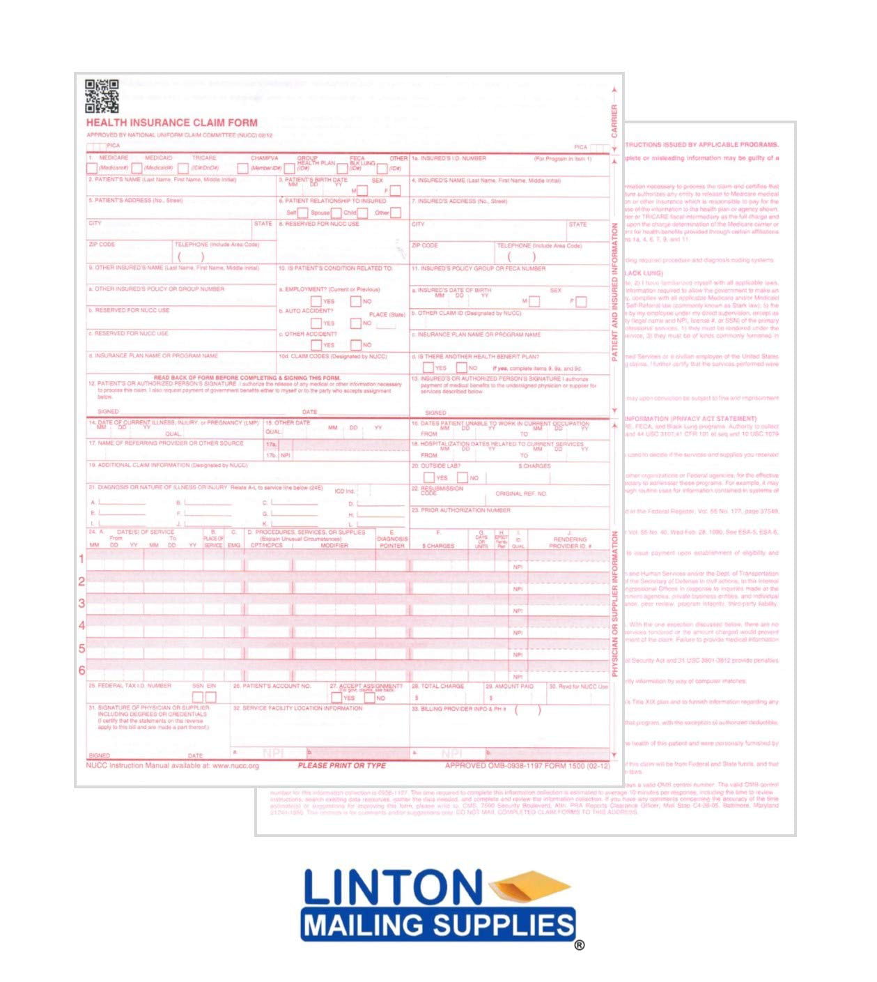 2500 Sheets NEW CMS 1500 Claim Forms Version 02/12 HCFA 