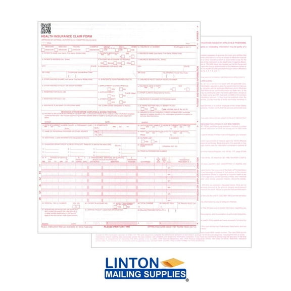 Health Insurance Claim Forms, New CMS-1500, HCFA (04/14 Medicare Approved 02/12 Version), 1-Part, 8.5" x 11" 24-lb Paper - 1 CASE of 2500 Sheets/Forms