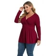 thumbnail image 3 of Uvplove Women's Spring Plus Size V-Neck Tunic Tops Casual Loose Long Sleeve Blouses with Pleated,US L-4XL in Wine Red, 3 of 11
