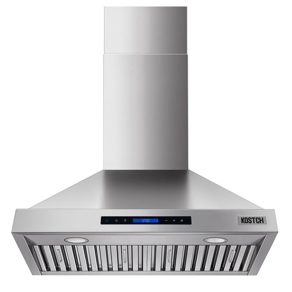 KOSTCH 30 inch Convertible Ducted Wall-Mount Range Hood, 600 CFM Kitchen Vent Hood with 3 Speed Exhaust Fan & LED Light, Kitchen Range Hood with Touchscreen Control Panel & Remote Control