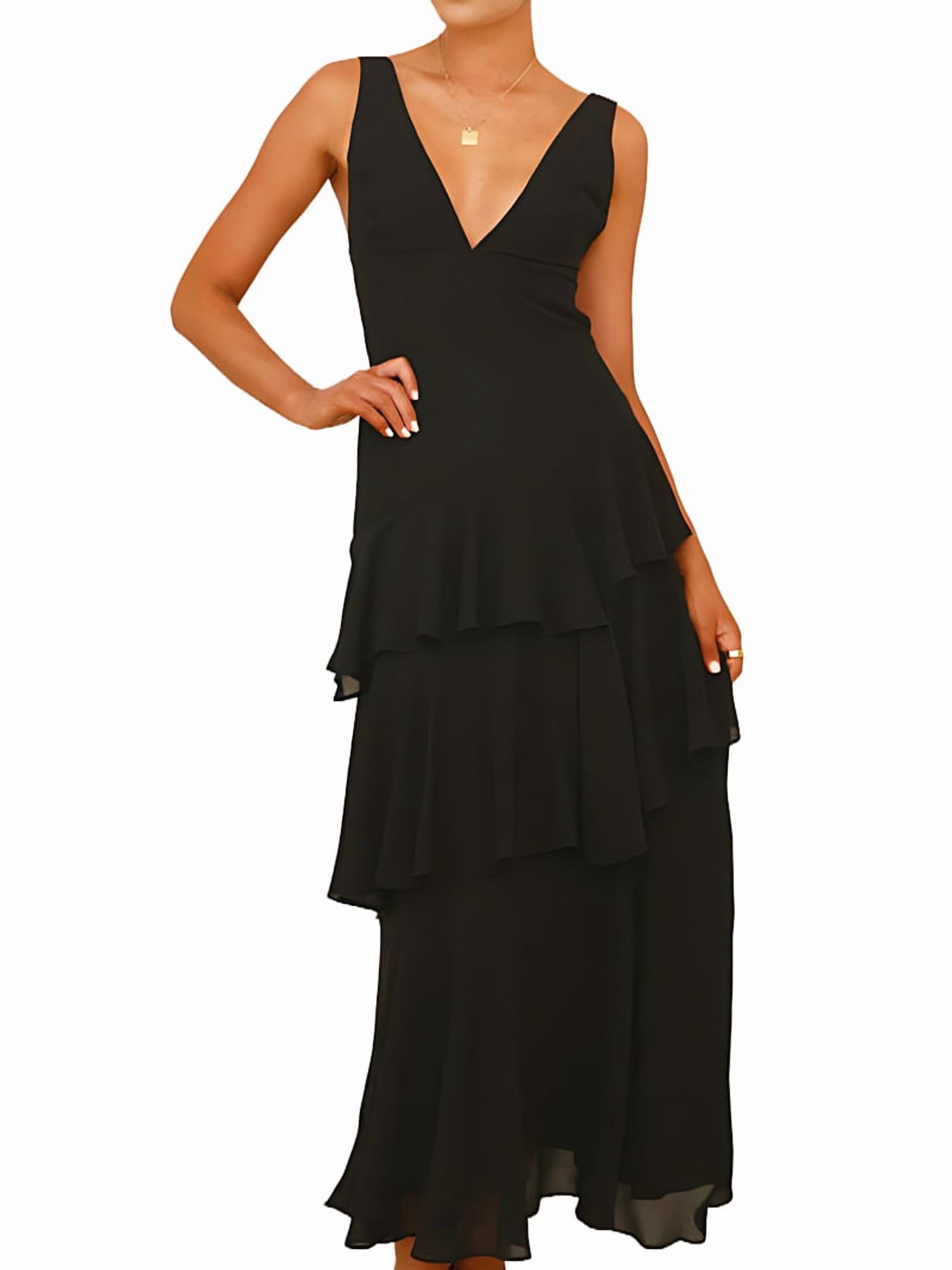 Tiered Chiffon Bridesmaid Dresses for Women Ruffle Formal Evening Dresses Long with Pleated Black L
