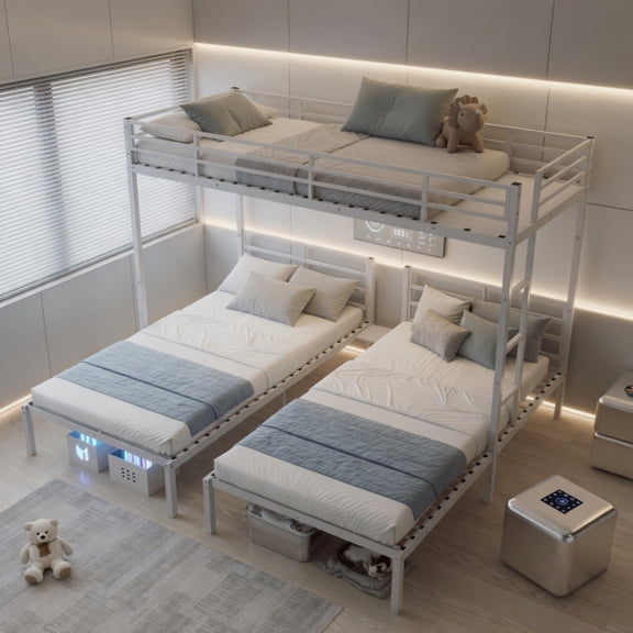 Triple Bunk Bed for 3 Sleepers, Twin over Twin & Twin Metal Bed Frame with Storage Shelf & Ladder, Separates into 3 Twin Beds, White