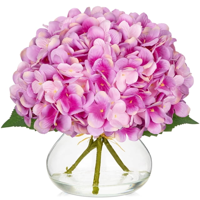 Hortensia Hollyone con flores artificiales con jarrón de cristal, color rosa