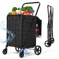 Naipo Folding Shopping Cart with Wheels and Double Basket Folding Utility Shopping Cart with Waterproof Removable Lining Portable Lightweight Trolley 180 LBS Capacity for Grocery Laundry