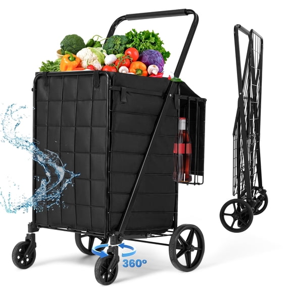 Naipo Folding Shopping Cart with Wheels and Double Basket Folding Utility Shopping Cart with Waterproof Removable Lining Portable Lightweight Trolley 180 LBS Capacity for Grocery Laundry