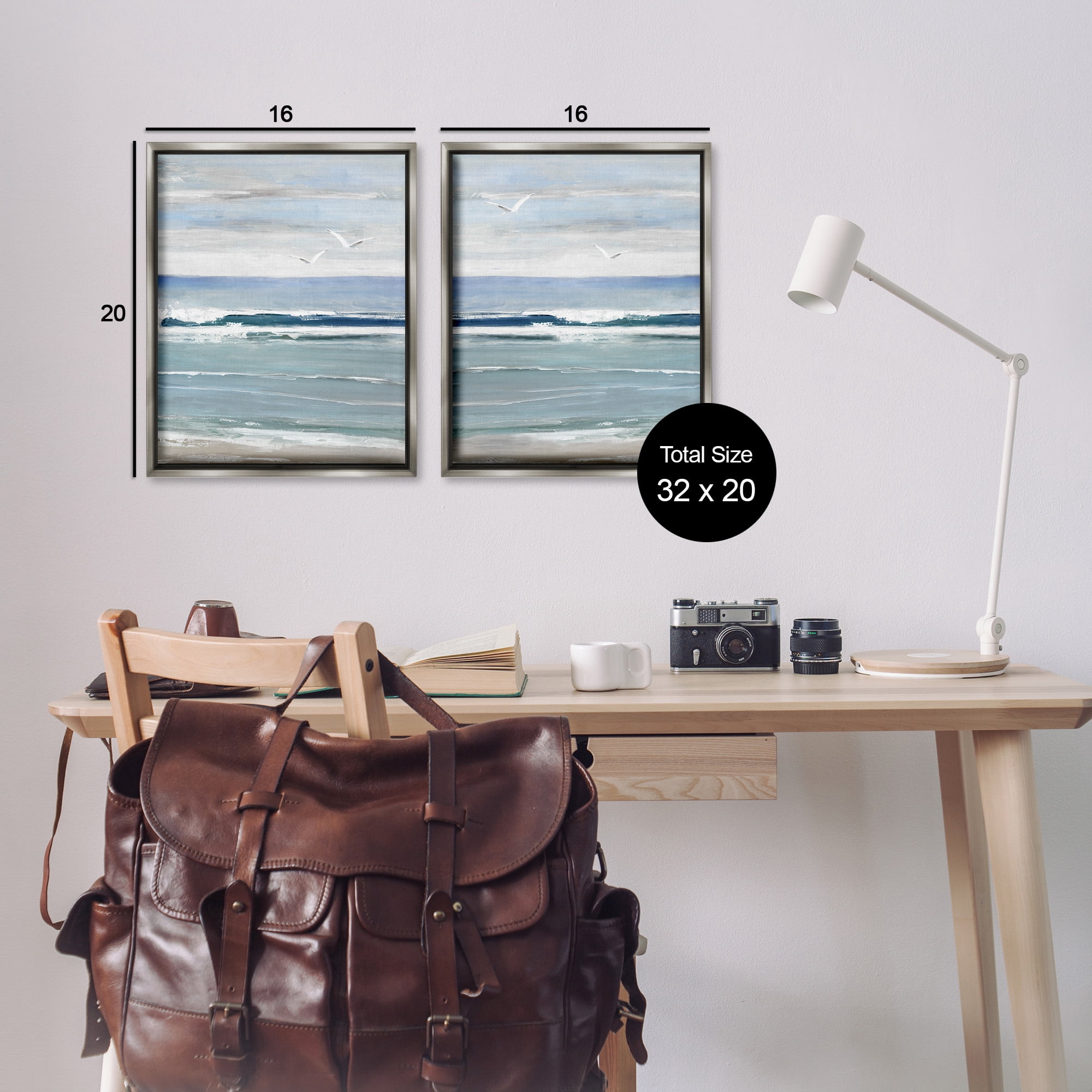 Stupell Industries Seagulls over Beach Waves Landscape Painting Gray Floater Framed Canvas Art Print Wall Art, 17 x 21, Set of 2