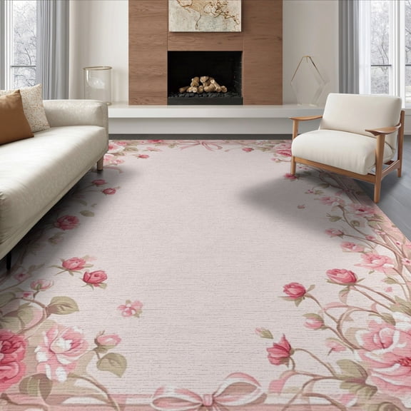 ODIKA 6'x9' Washable Area Rug Pink Scattered Rosebuds Delicate Ribbon Border Shack Dainty for Queen Size Bedroom, Under Bed, Master Suite, Easy Care, Non-Shedding