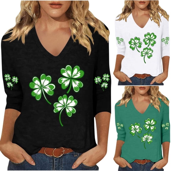 Qzwdhjm 3/4 Length Sleeve Womens Tops Solid Color Shamrock Print T Shirts Summer V Neck Blouses Green XXXL