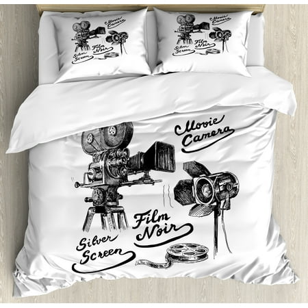 Movie Theater Queen Size Duvet Cover Set, Cinematography Themed Artwork with Old Camera and Equipment Silver Screen, Decorative 3 Piece Bedding Set with 2 Pillow Shams, Black White, by