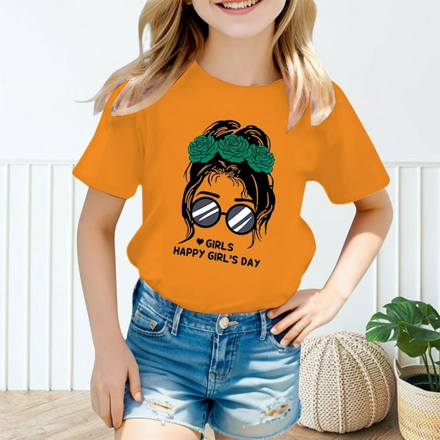 CHAOLEI T-Shirt Graphique Mignon pour Filles, Col Rond, Manches Courtes, Été, Décontracté, Orange, 9-10 Ans