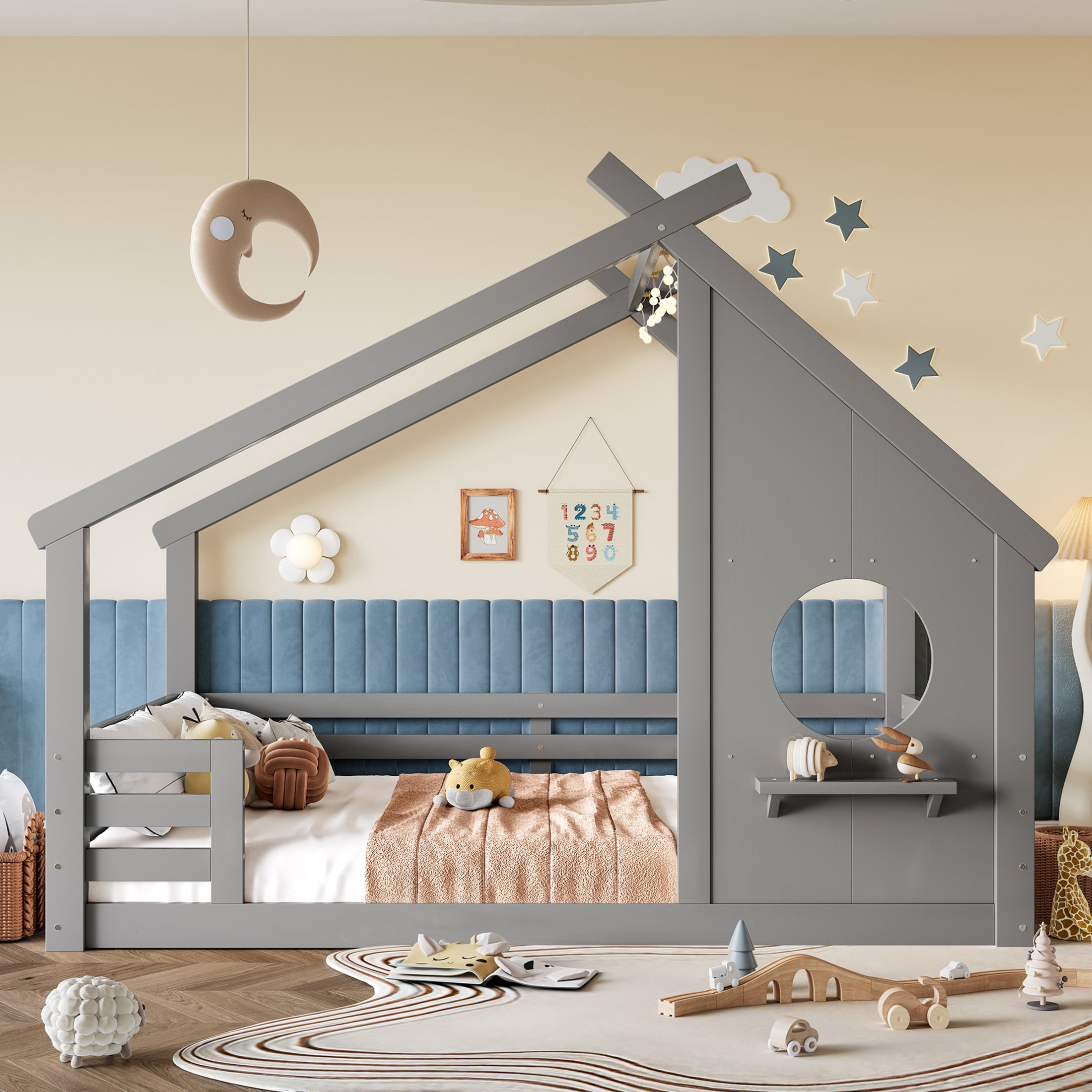 Noble House Full House Floor Bed with Small Shelf, Montessori Kids Bed Frame, Gray