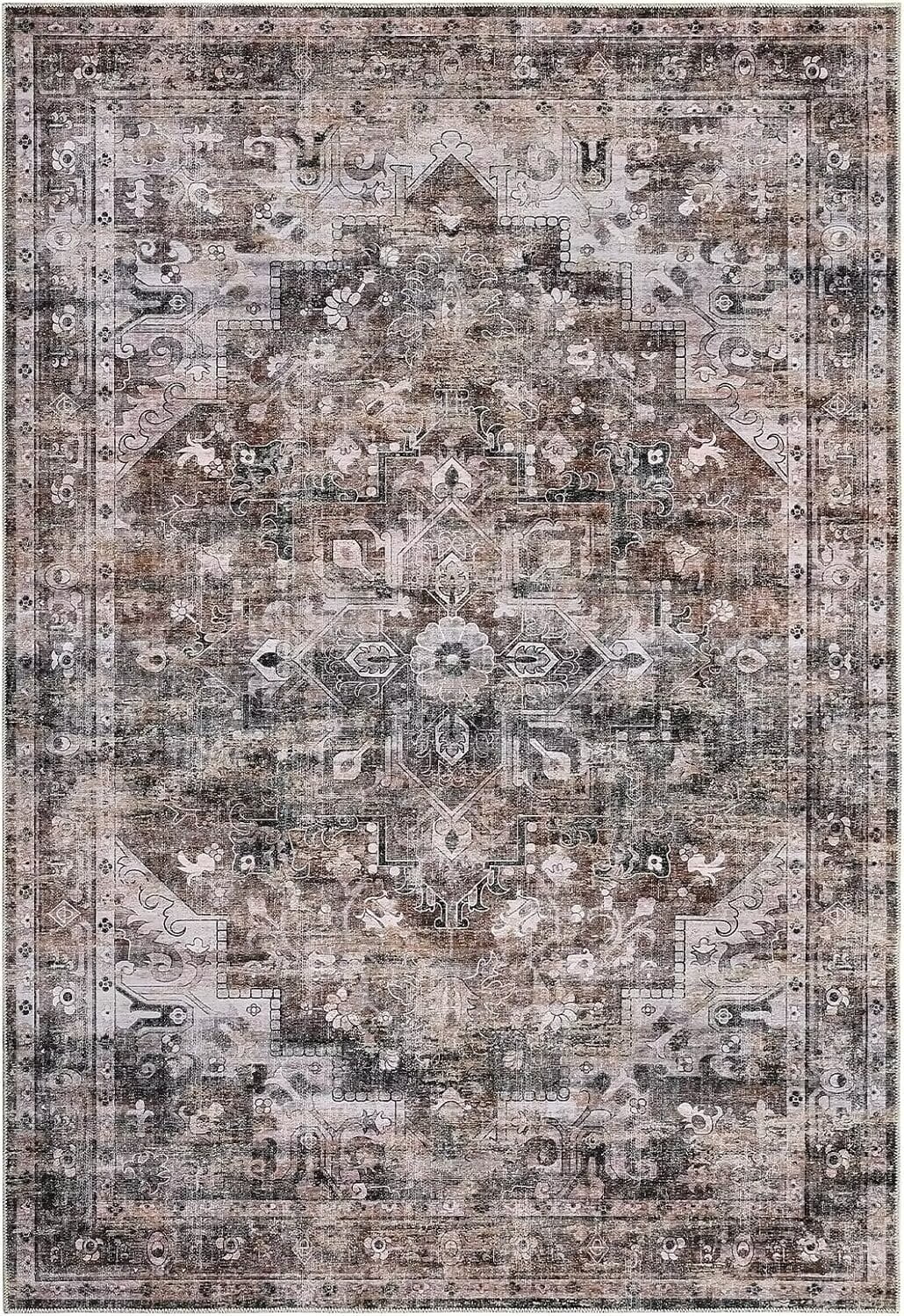 Garvee 8x10 Washable Rugs Boho Tribal Rug Vintage Persian Distressed Area Rug Floral Print Floor Carpet Oriental Carpet for Dining Room Home Office, Brown