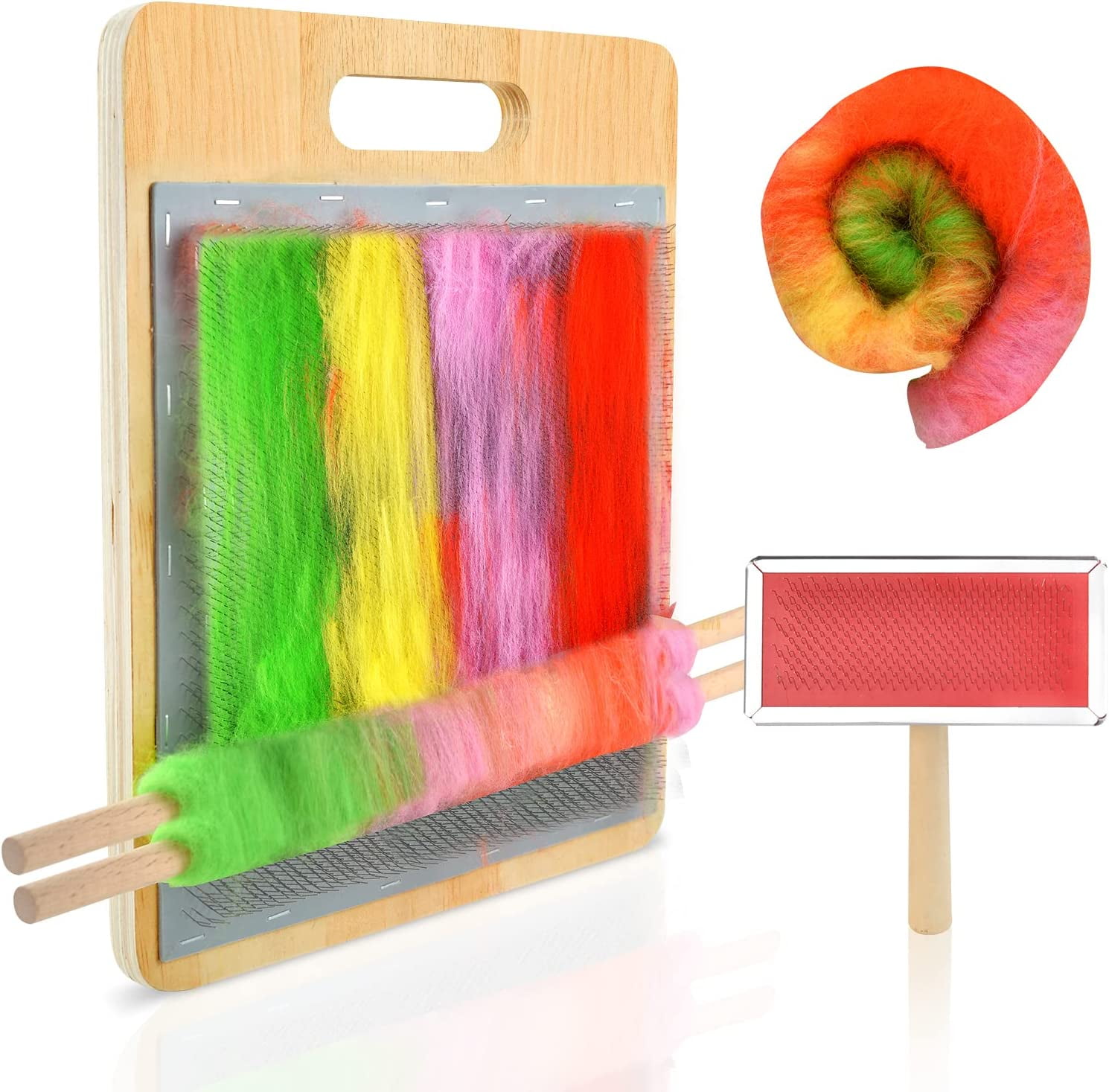 Gosemai Carding Brush Set 1 Pieces Blending Board with 1 Pieces Wool Brush 2 Pieces Dowels Hand Carders for Rolags Wool