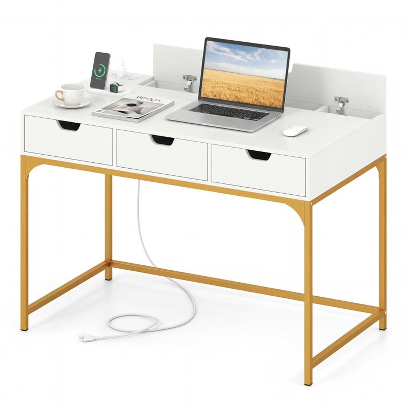 Furnibear Office Desk with Power Outlet and Drawers, Writing Desk with Hidden Storage Compartment and Charging Station for Study, White and Gold