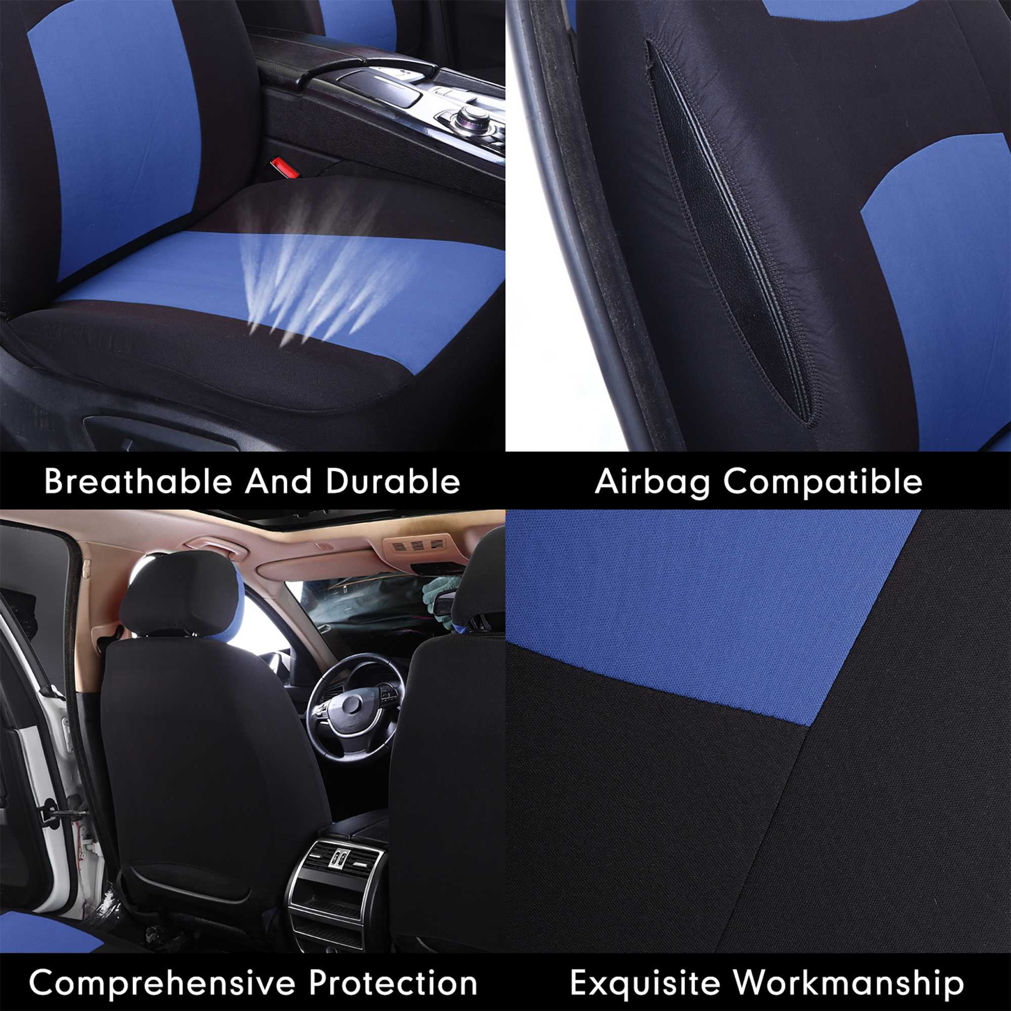 Universal Front Seat Covers for Cars, SUVs, Trucks, Black-Blue Trim, Anti-Wear Car Seat Protector for 2 Seats, All-Season Full Surround Design