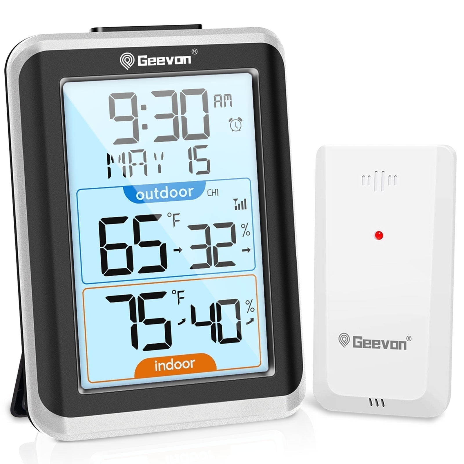 Geevon Indoor Outdoor Thermometer Wireless, Digital Thermohygrometer with Time, 200ft/60m Range Outdoor Thermometer