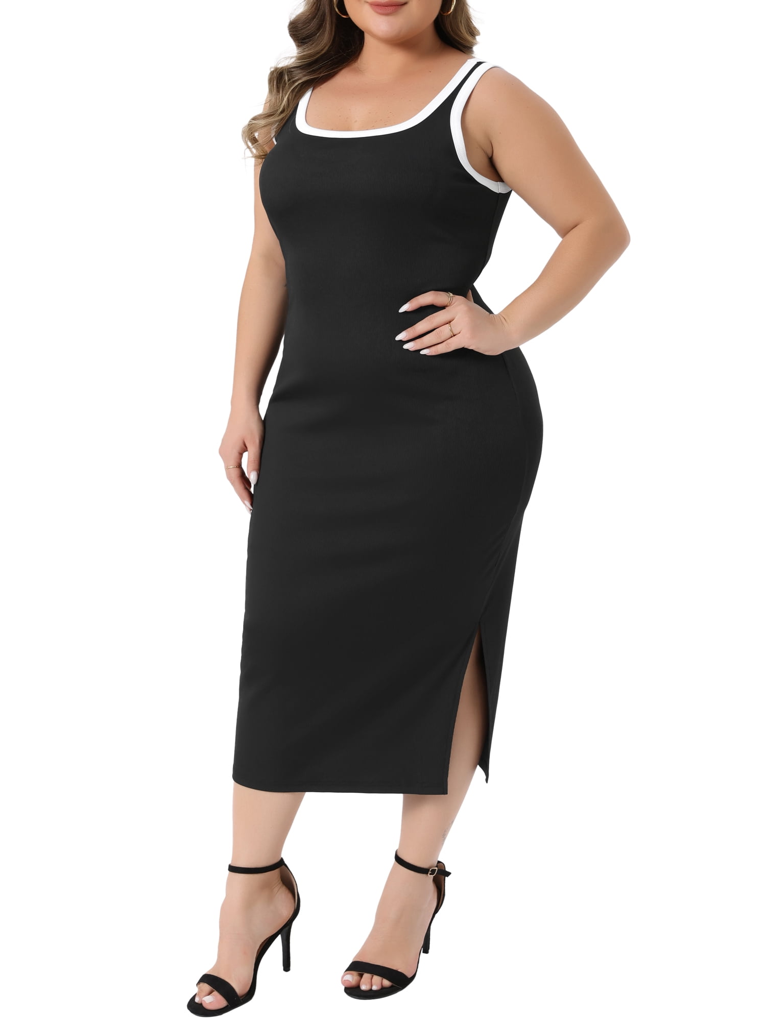 DARING DIVA Women's Plus Square Neck Sleeveless Bodycon Dress with Side Slit 1X Black