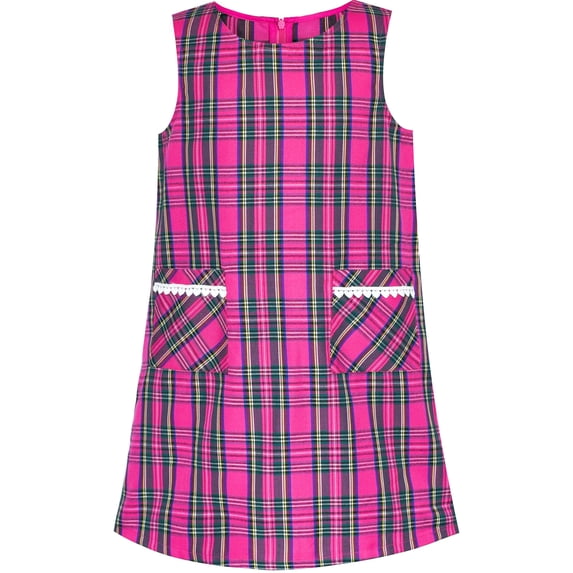 Girls Dress Pink Tartan Back School Uniform Pocket A-line Dress 4 Years