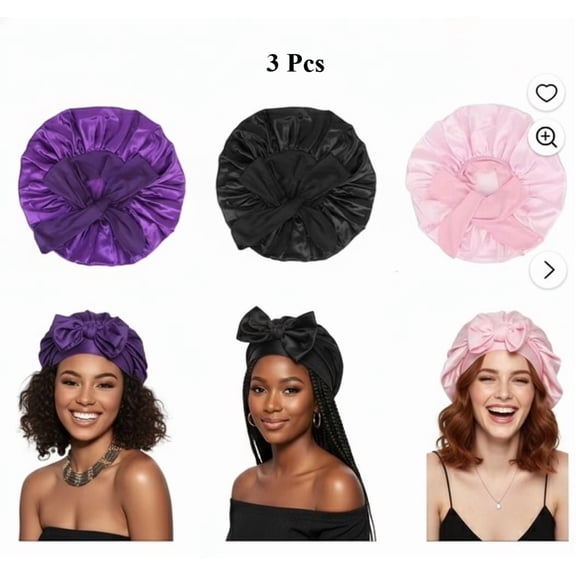 Chenghian Adjustable Long Strap Tie Band Satin Sleep Bonnet, Multicolor, Women's One Size, 3 Count