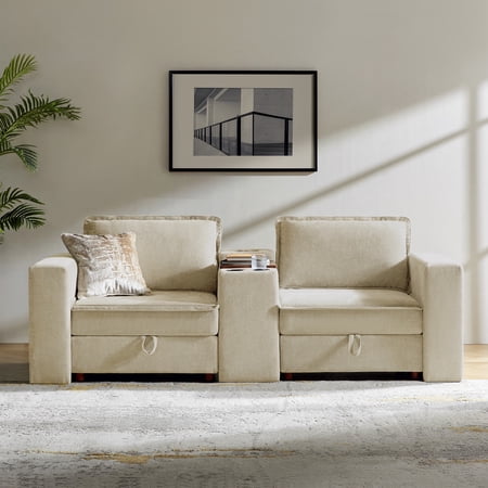 Modern Modular Sectional Sofa with Versatile Consoles 2-Seater Storage Chenille Couch for Living Room Beige