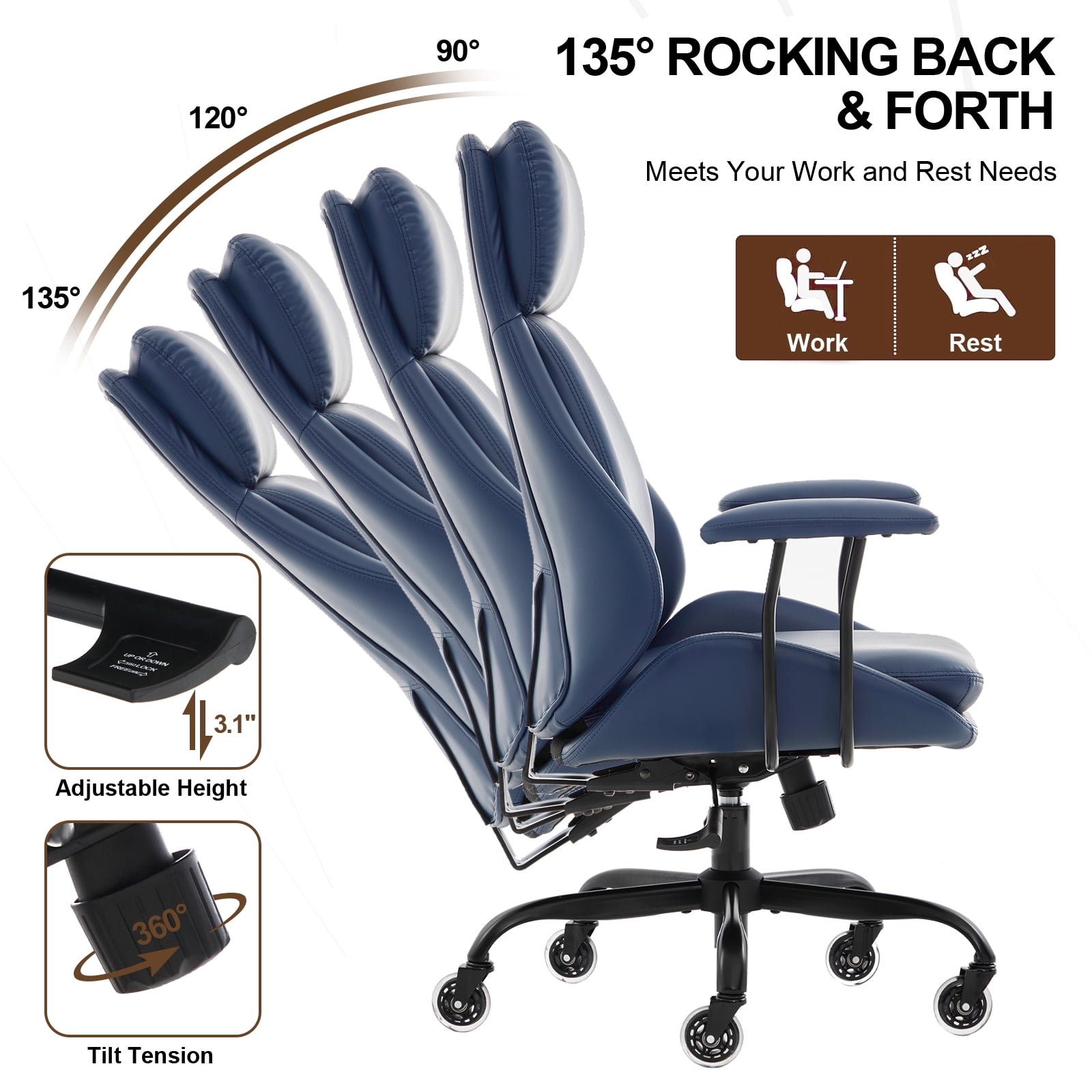 E-Motie Home Office Desk Chair, Ergonomic Computer Chair with Lumbar Support and Head Support, High Back Office Chair with Armrests, Adjustable Height, Rubber Casters, Blue Leather