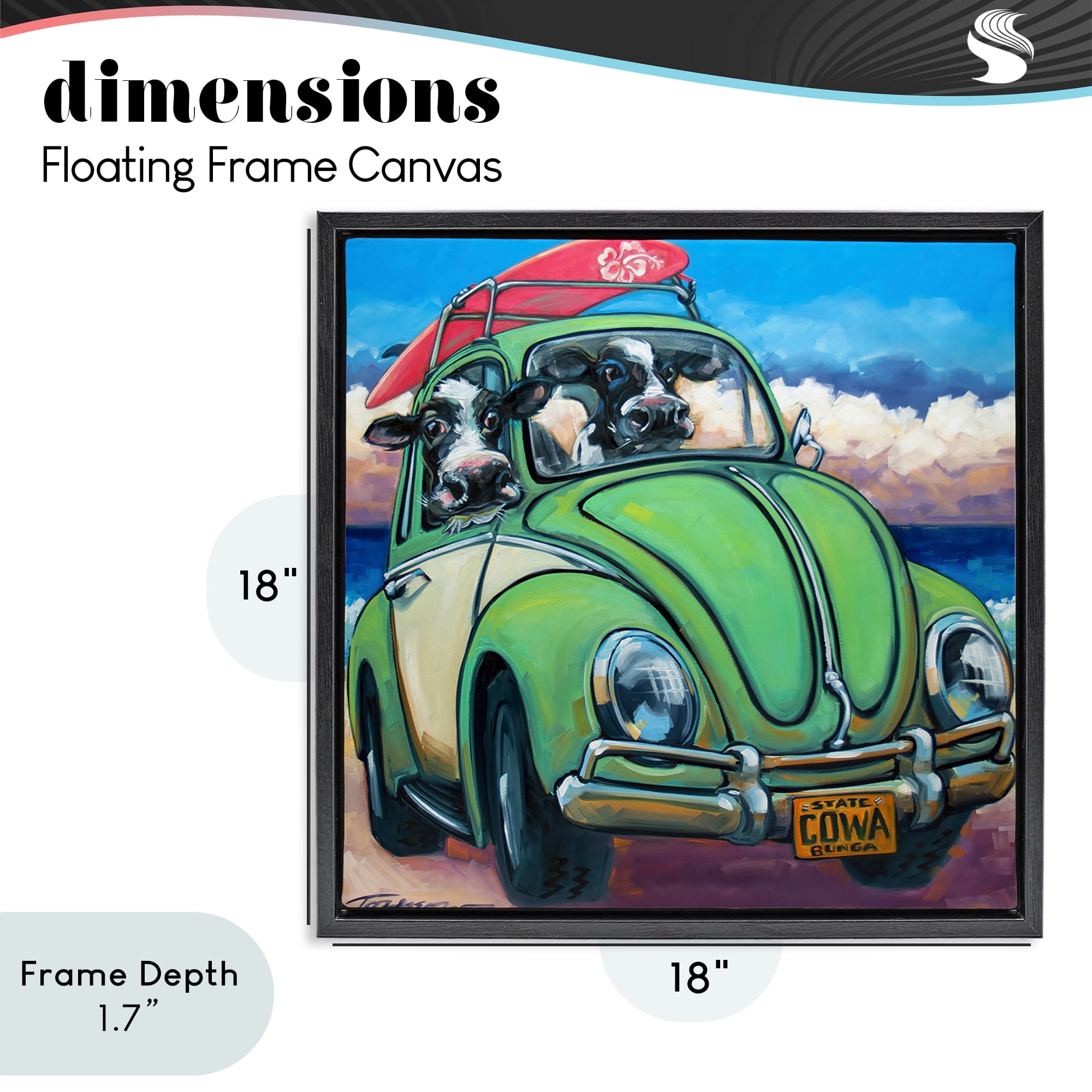 Stupell Industries Cowabunga Surfer Cows Black Framed Floater Canvas Wall Art, design by CR Townsend