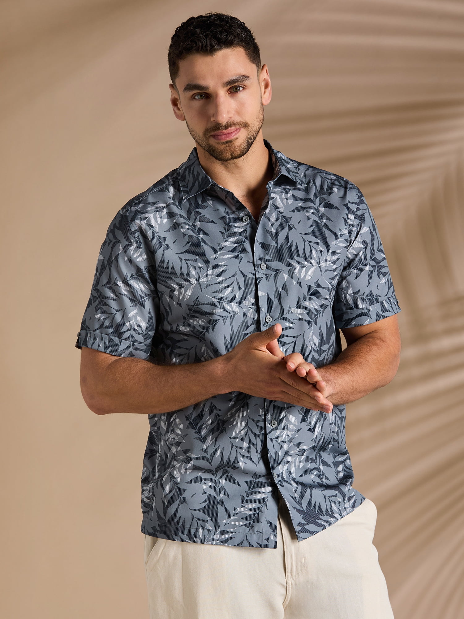 Cafe Luna Men's and Big Men's Abstract Leaves Print Short Sleeve Shirt, Sizes S-5XL