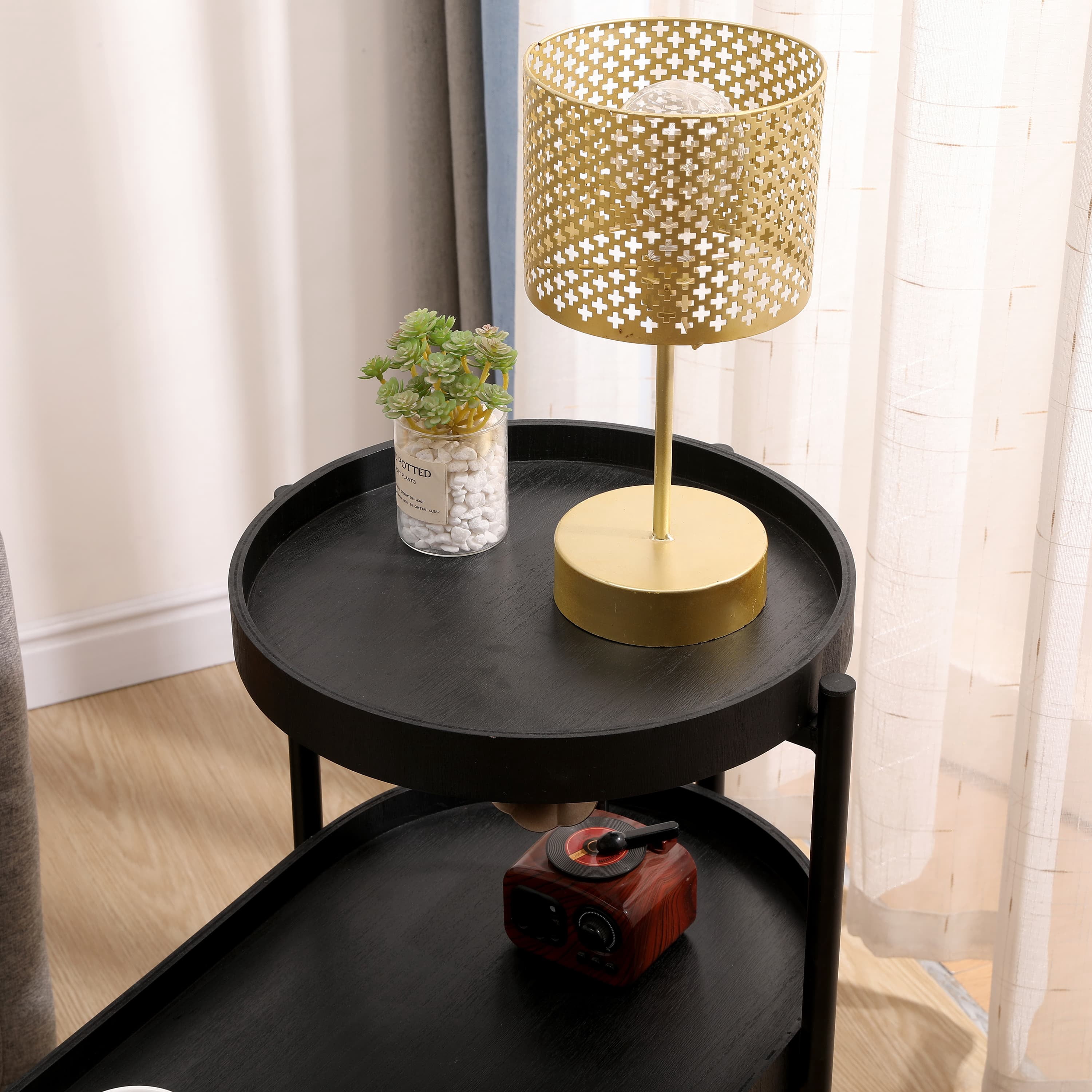 MAYEERTY 2-Tier Black Side Table - Storage, Metal Frame & Wooden Desk, Sofa Table for Living Room.