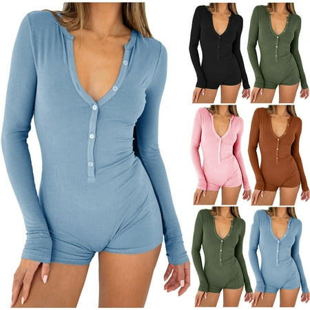 Womens One-piece Jumpsuits Sexy Bodysuit V-Neck Long Sleeve Yoga Rompers Workout Ribbed Pajamas Sport Rompers Set Light Blue qILAKOG Size M
