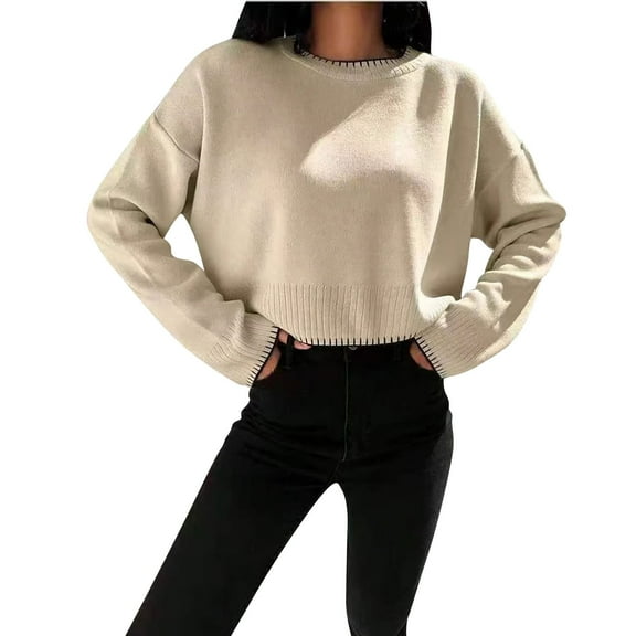 Aueoeo Sweaters For Teens, Soft Comfy Ladies' Casual Round-Neck Long-Sleeved Pullover Knitted Shirt Top Knitwear