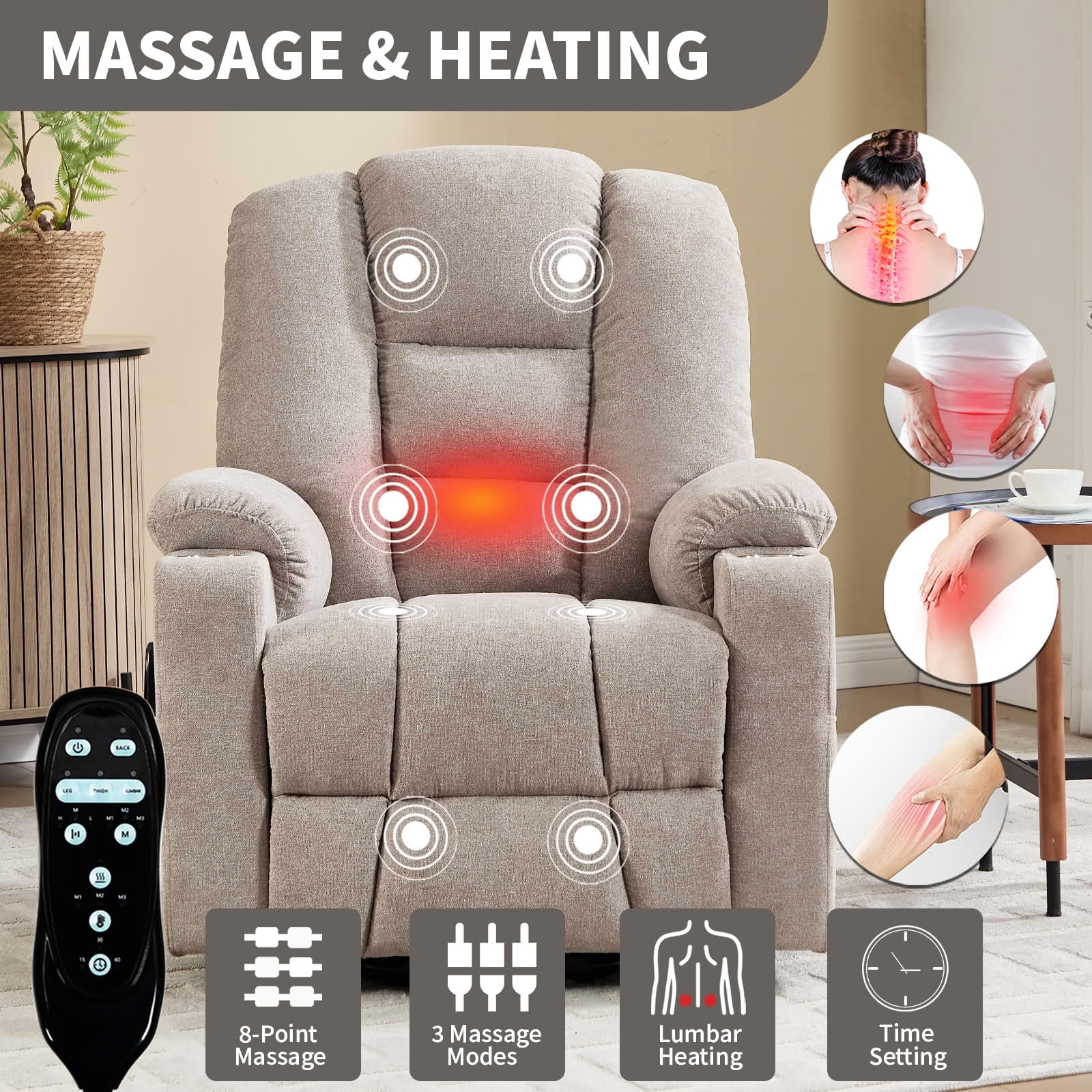 MAYEERTY Khaki Chenille 350lbs Power Lift Recliner, Massage Heat USB-C 34"x39"x42" Wide Overstuffed for Elderly