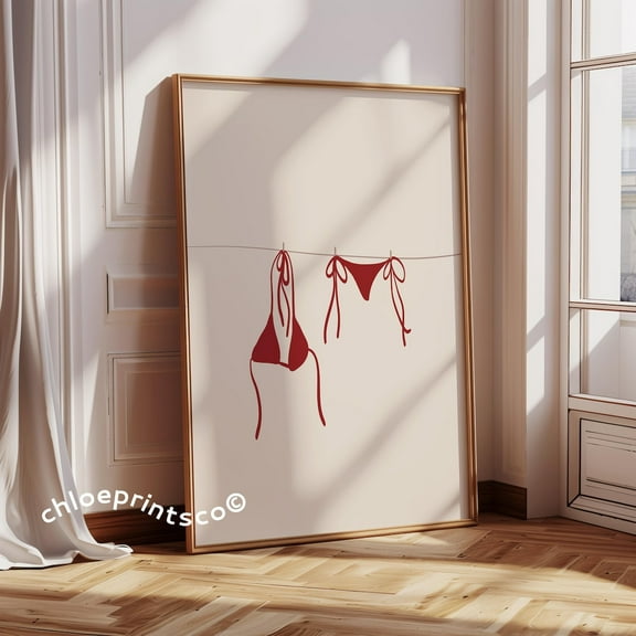 Bikini On Clothesline Print, College Apartment Decor, Coastal Beachy Dorm Room Posters, Trendy Beach House Wall Art, Girly Preppy Aesthetic Wall Art, Modern Wall Decor, 8x12 UNFRAMED