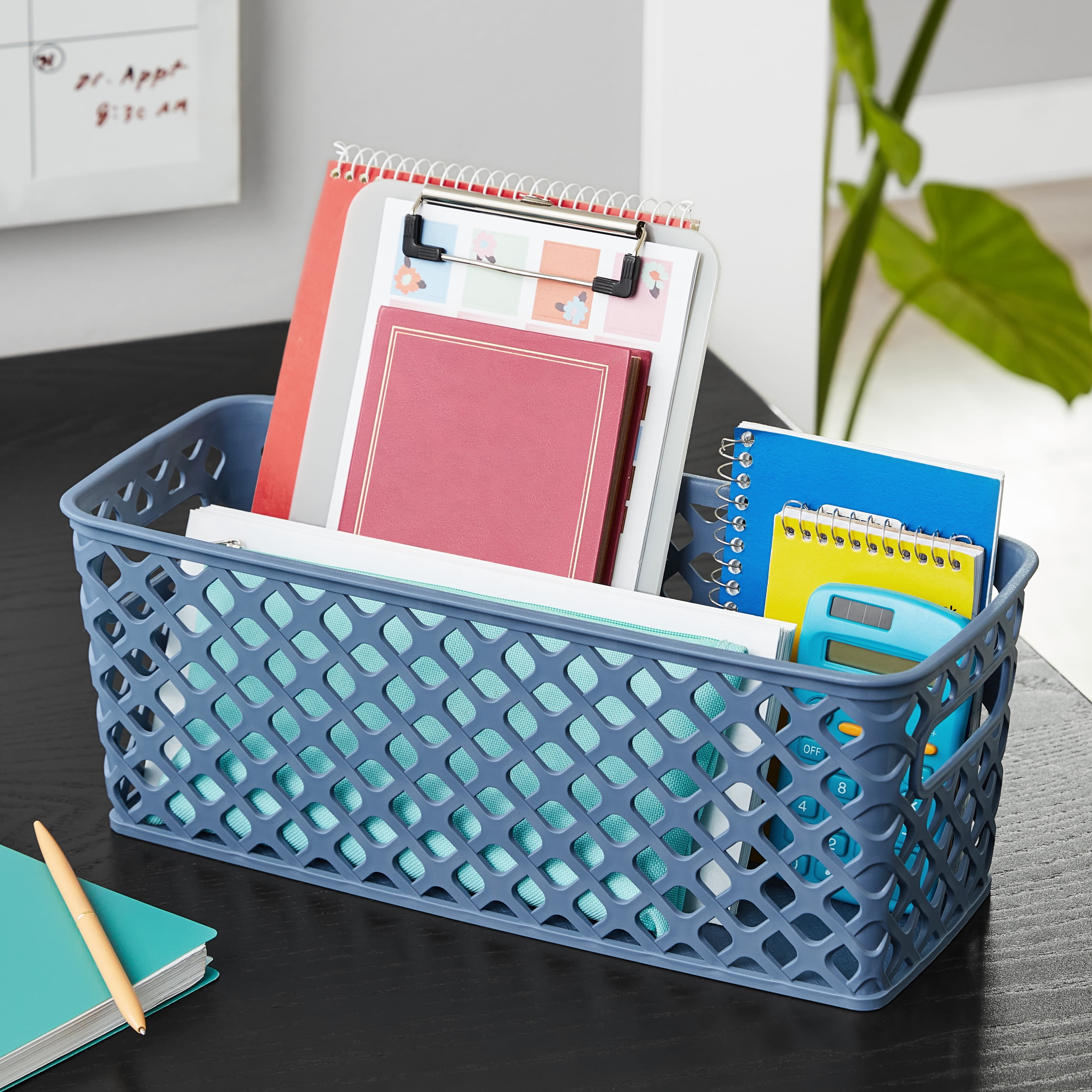 (4 pack) Mainstays Narrow Blue Decorative Plastic Storage Basket, 13.6 in x 5.5 in x 5.1 in