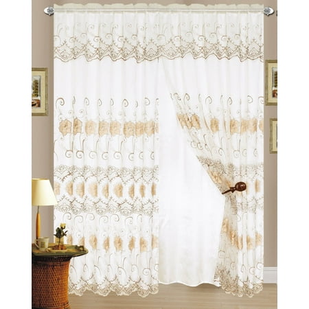 Camden Beige Linen Living Room Set Set of 2 Melissa Embroidered Curtain Panels with Attached Backing, 90 inch Long, Beige and Gold ()