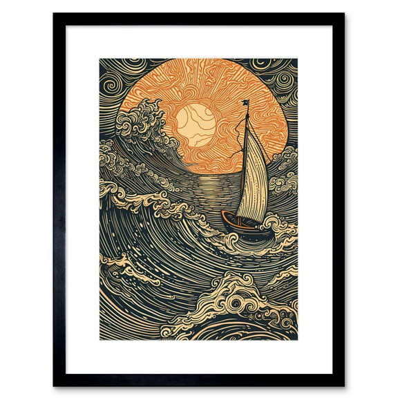 Boat Sailing into the Sunset Linocut Illustration Artwork Framed Wall Art Print 9X7 Inch