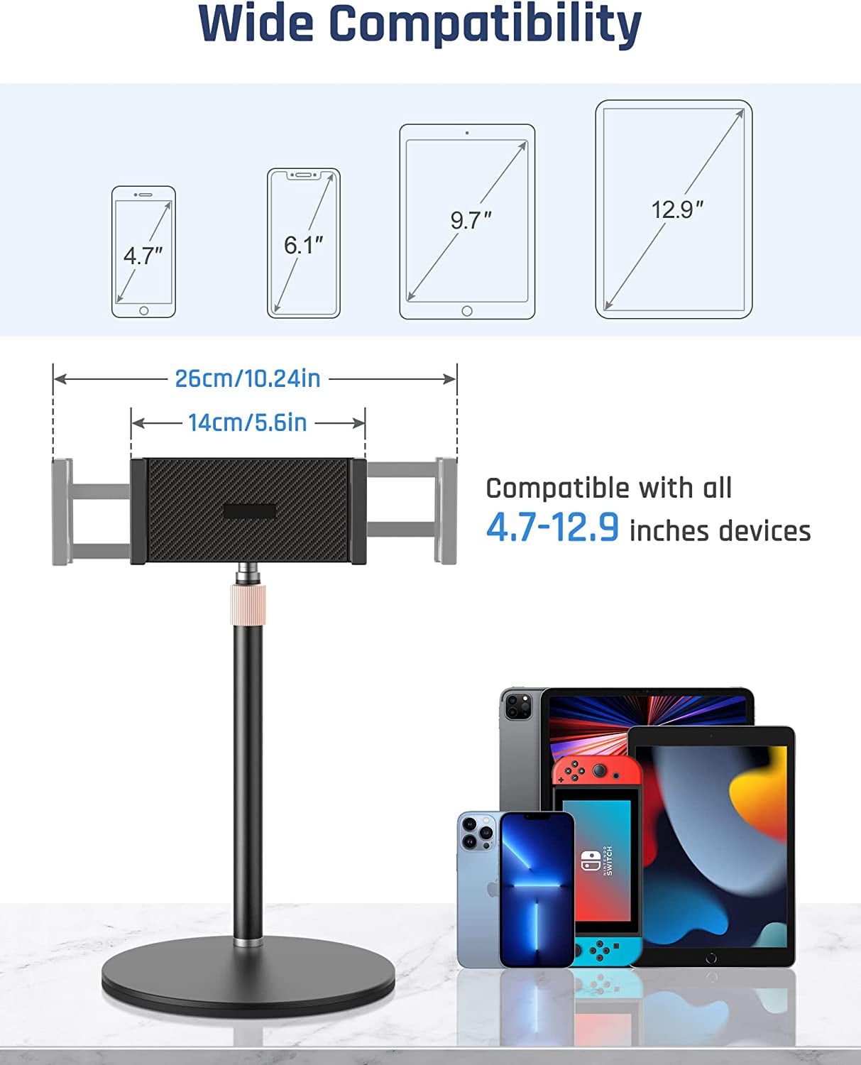 Tablet Stand Holder, Adjustable Height Tablet & Phone Stand for Desk, 360° Rotating Aluminum Metal Tablet Stand Mount Compatible for iPad Pro Air Mini, iPhone, Samsung, Kindle (4.7"-12.9")