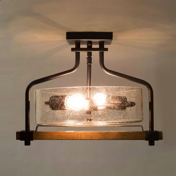 LNC Chet III 2-Lights 15.5-in Antique Brown and Matte Black Seeded Glass Farmhouse Semi-flush Mount Lights