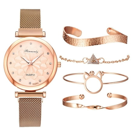 5PCS Bracelet Watches Set Fashion Women Rose Gold Mesh Belt Wristwatches Quartz Watch for Women Business Clock Relogio Feminino H1-RG-RG