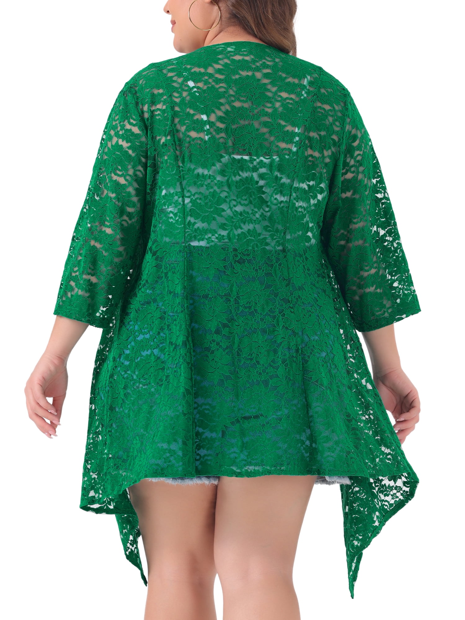 DARING DIVA Plus Size Fall 3/4 Sleeve Lightweight Lace Cardigan 4X Dark Green