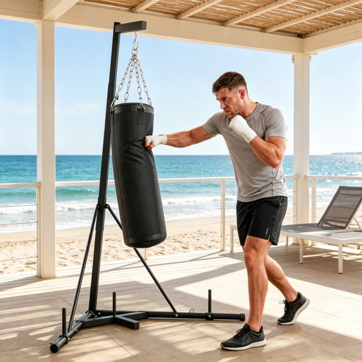 FENGFAN Adjustable Punching Bag Stand with Canvas Sandbag, Heavy Duty Steel Freestanding Boxing Trainer