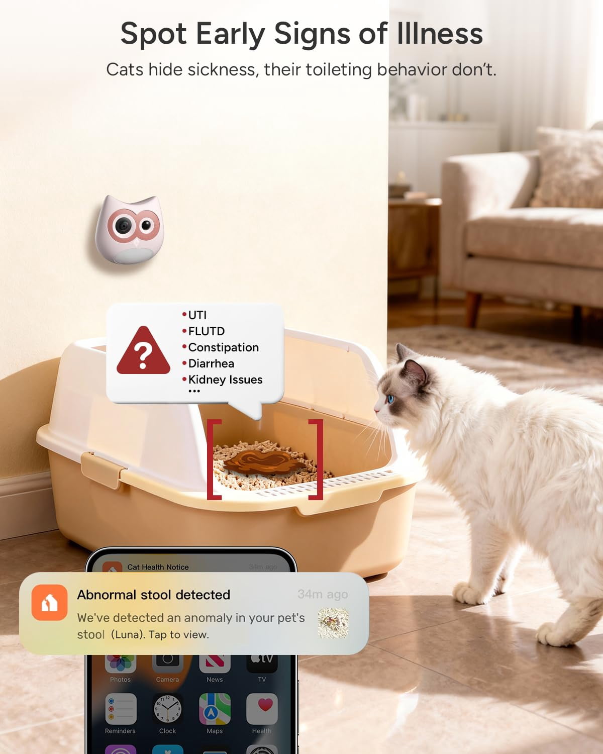 SiiPet Litter Box Camera,AI Cat Litter Lens Health Monitoring with Night Vision,Records Toileting Behavior,UTI/Diarrhea Abnormal Alerts,Gray