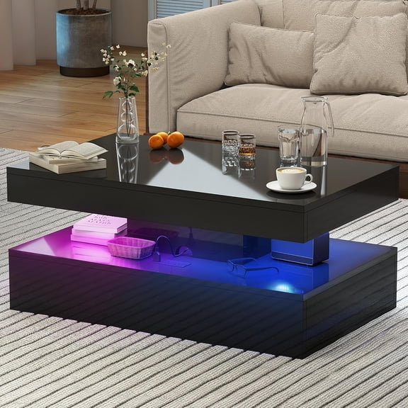 39” High-Glossy LED Coffee Table with 2 Sliding Drawers, Living Room Storage Coffee Tables, Modern Stylish Double-Layer Center Tables with LED Lights, Black