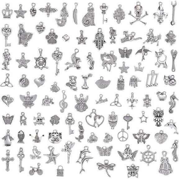 100 Pieces Wholesale Bulk Lots Mixed Alloy Charm Pendant Antique Silver Charm for Jewelry Necklace Bracelet Earring Making Crafts