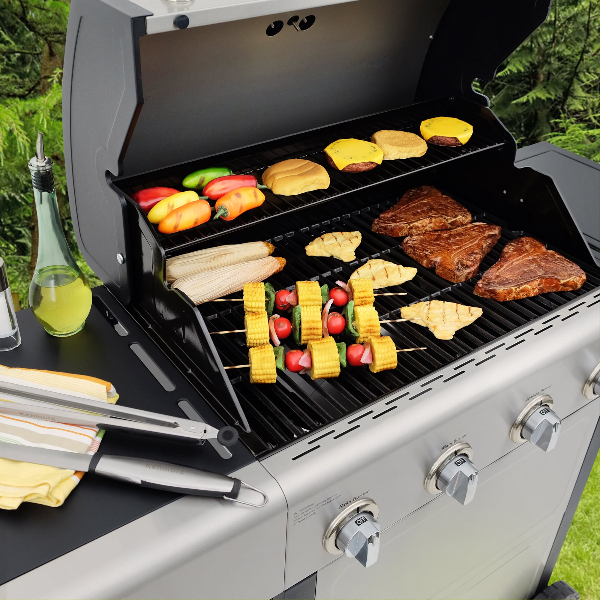 Kenmore 4-Burner Outdoor Propane Gas Grill with Side Burner, Open Cart, Stainless Steel