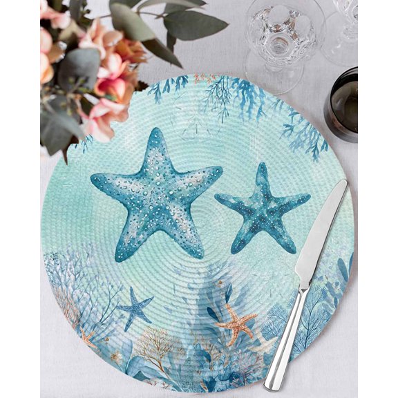 13 Inch Round Placemats Set of 6, Coastal Starfish Blue Non Slip Heat Insulation PP Table Mats, Summer Beach Nautical Coral Washable Place Mats for Kitchen Dining Party Table Decor